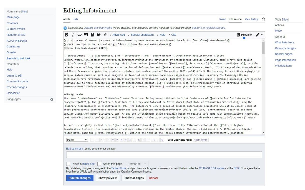 A screenshot of an article being edited in Wikipedia