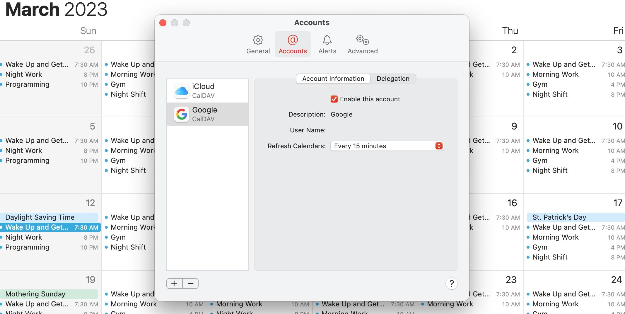 Window for adding or remving Calendar accounts in Mac Calendar settings