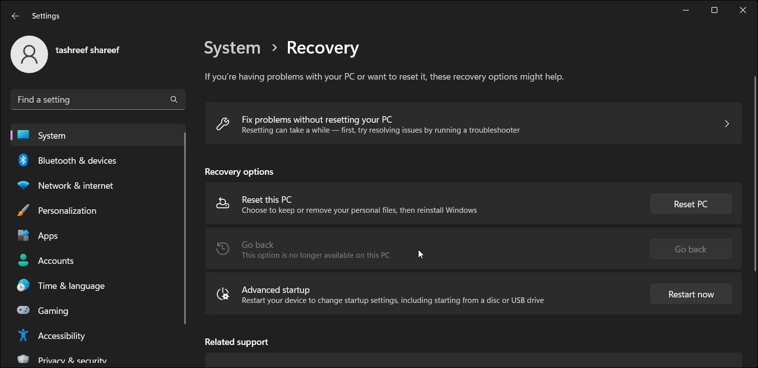 Windows 11 settings recovery go back