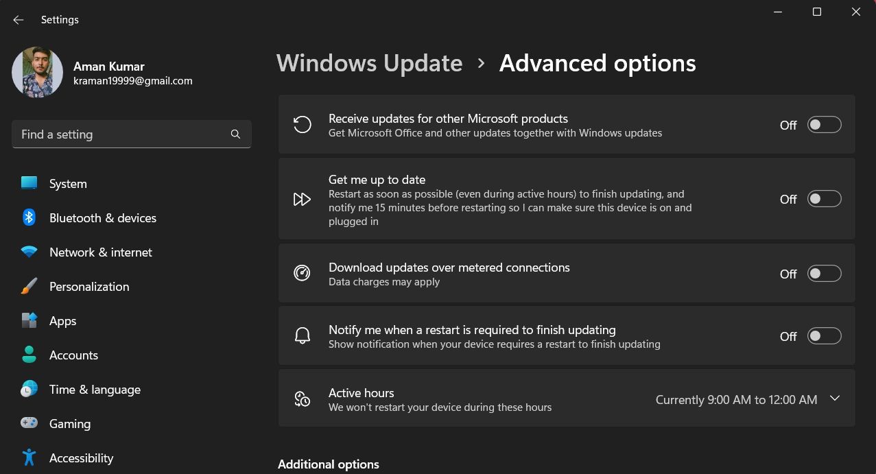 Windows Advanced options in the Settings app