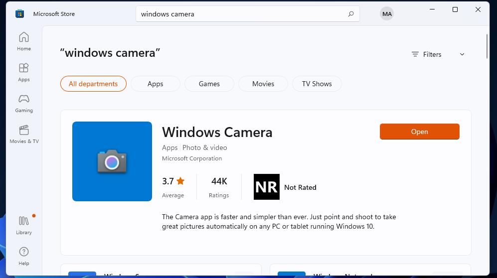The Windows Camera app page in MS Store