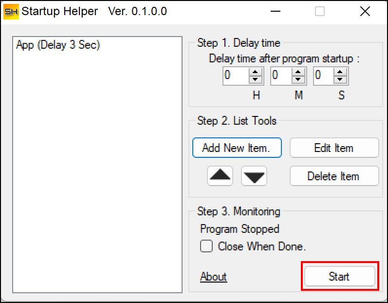 Click on the Start button in the Startup Helper utility