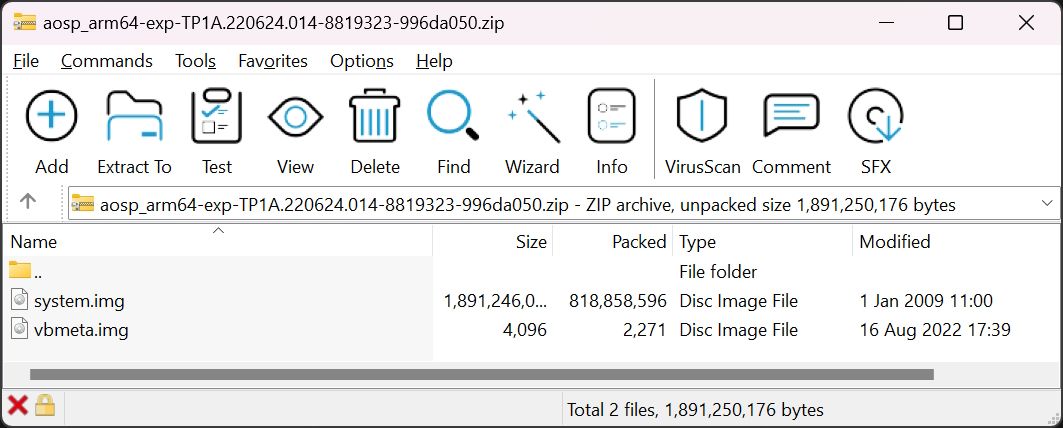 Program WinRAR menampilkan konten file zip GSI