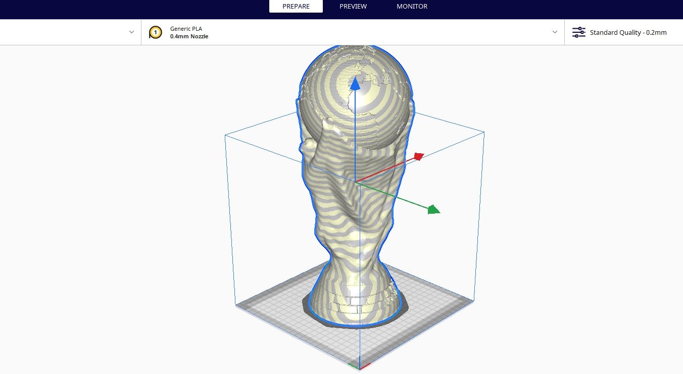 A 3D model of worldcup trophy opened in Cura
