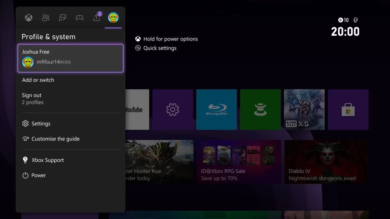 A screenshot of the Xbox guide menu with profile and system options highlighted. 