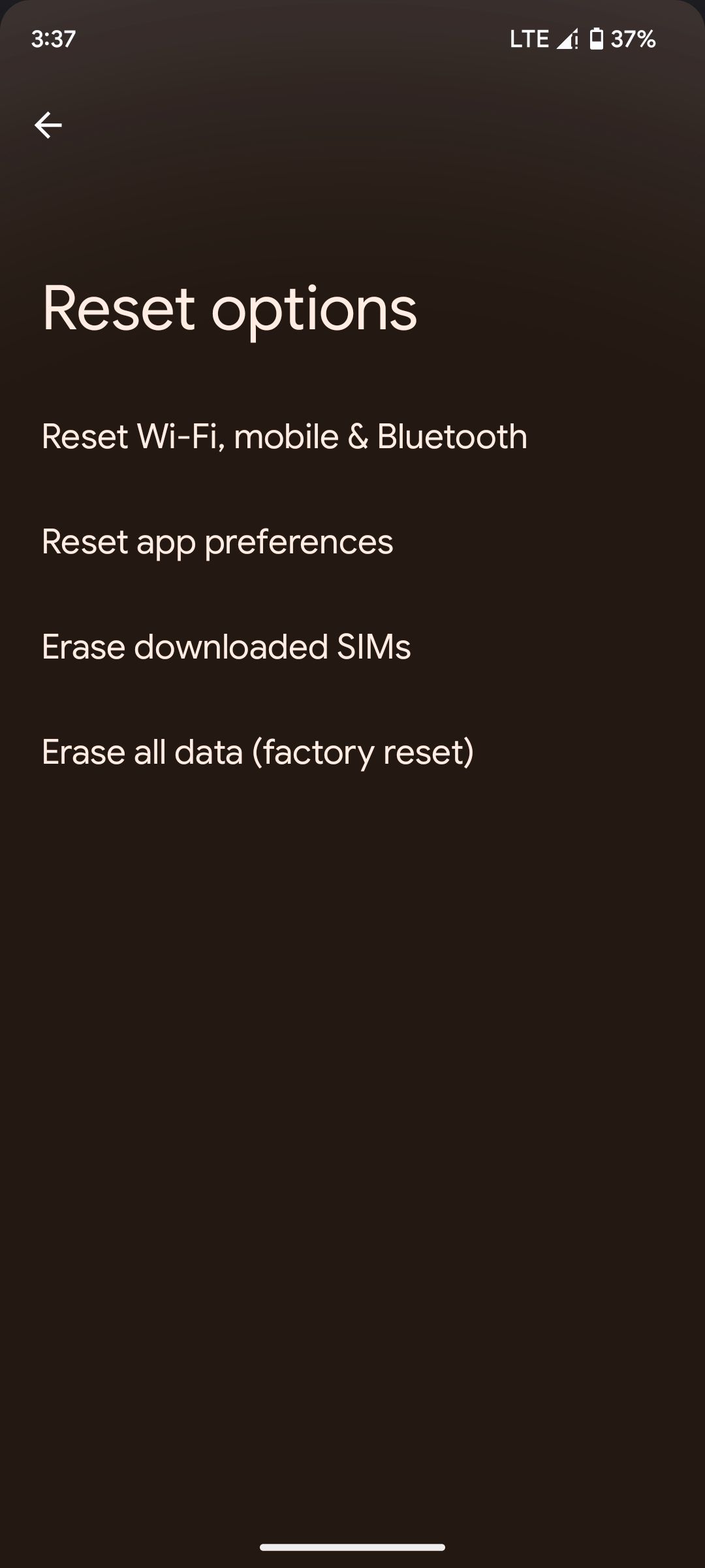 Reset options on Android