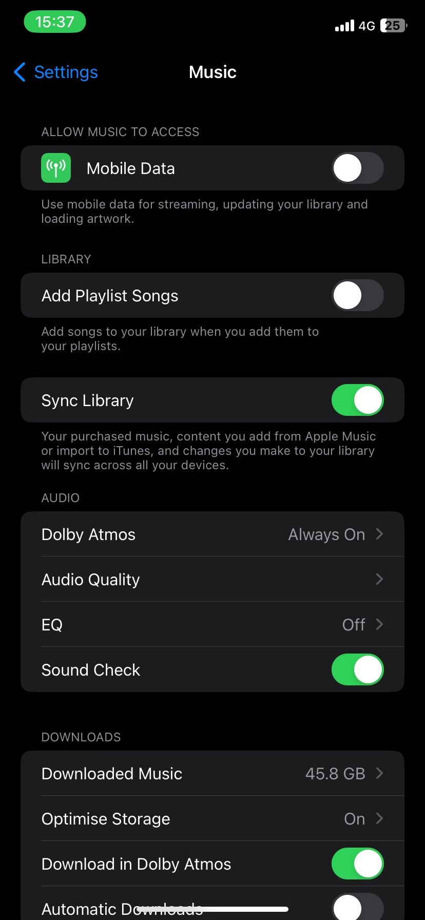 Apple Music's access to cellular data disabled