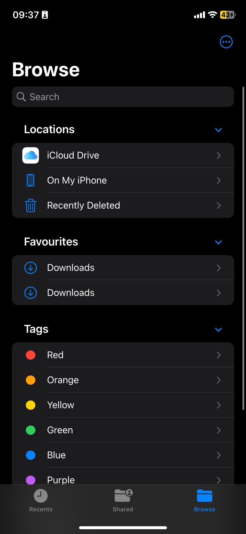 Browse tab in the Files app on iOS