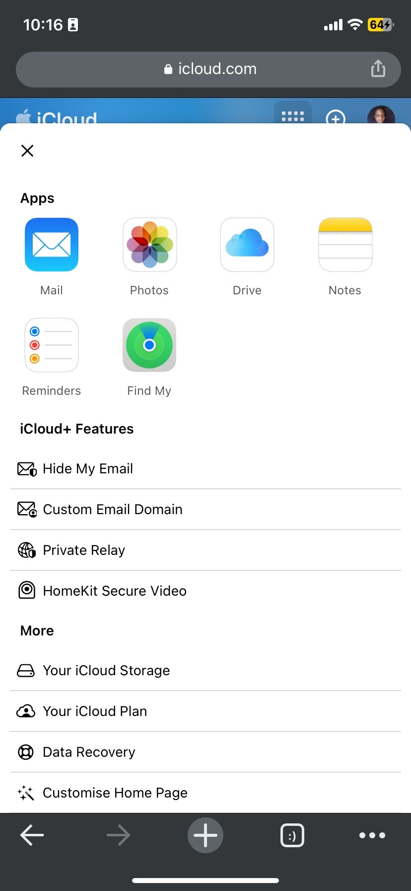 iCloud.com menu on mobile