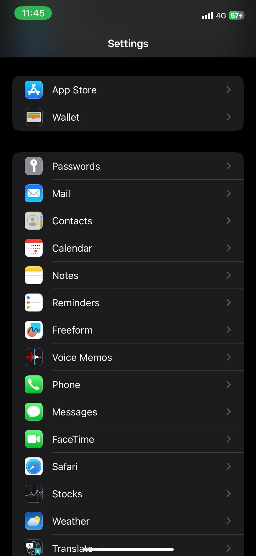 iOS Settings page