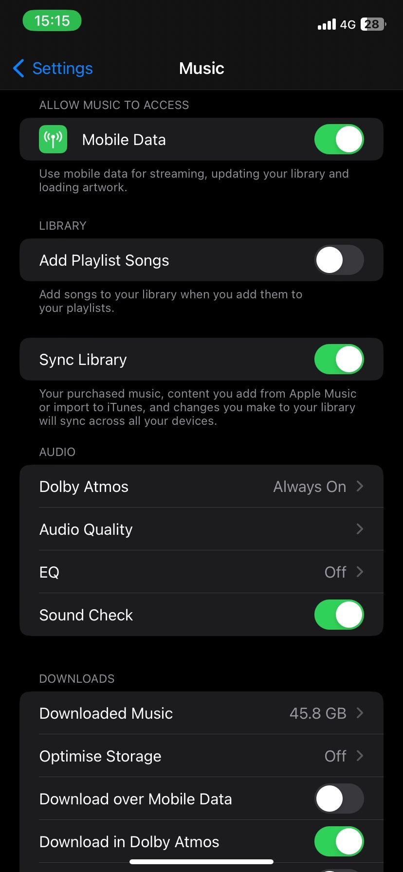 Apple Music settings page on iPhone