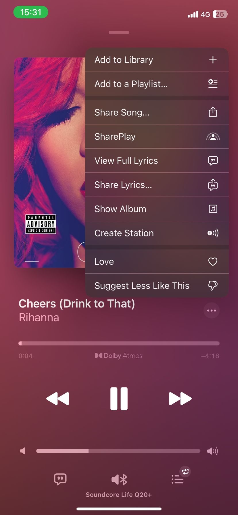 Song menu on Apple Music