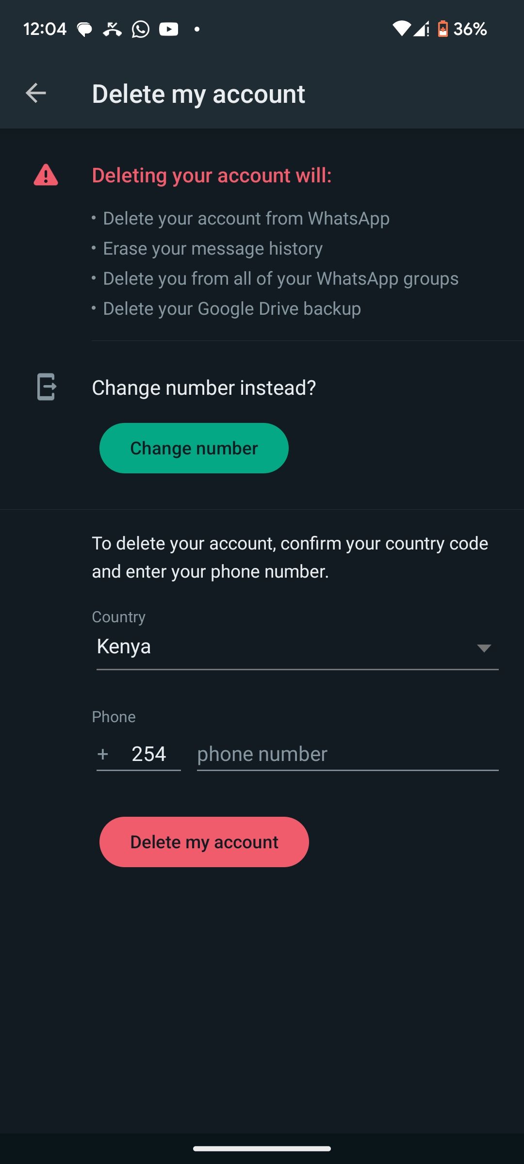 Confirming a WhatsApp number for account deletion