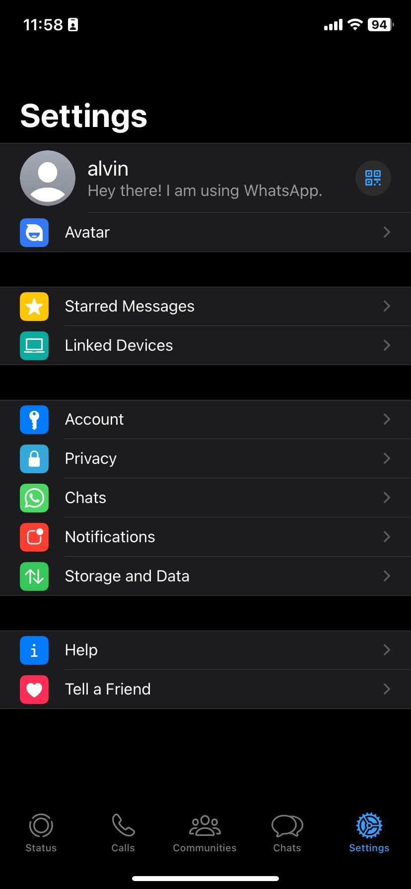 WhatsApp's Settings tab on iOS