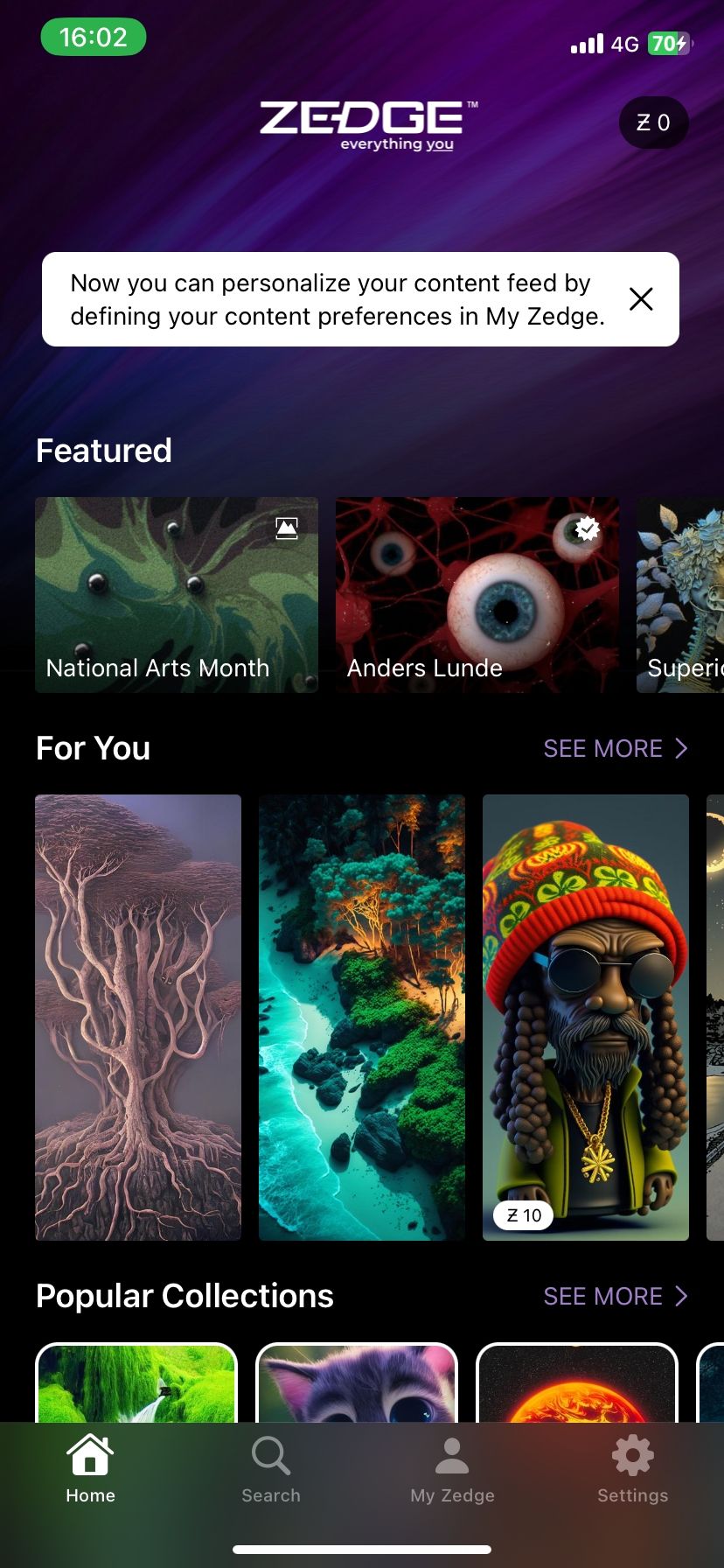 Zedge wallpaper app homepage
