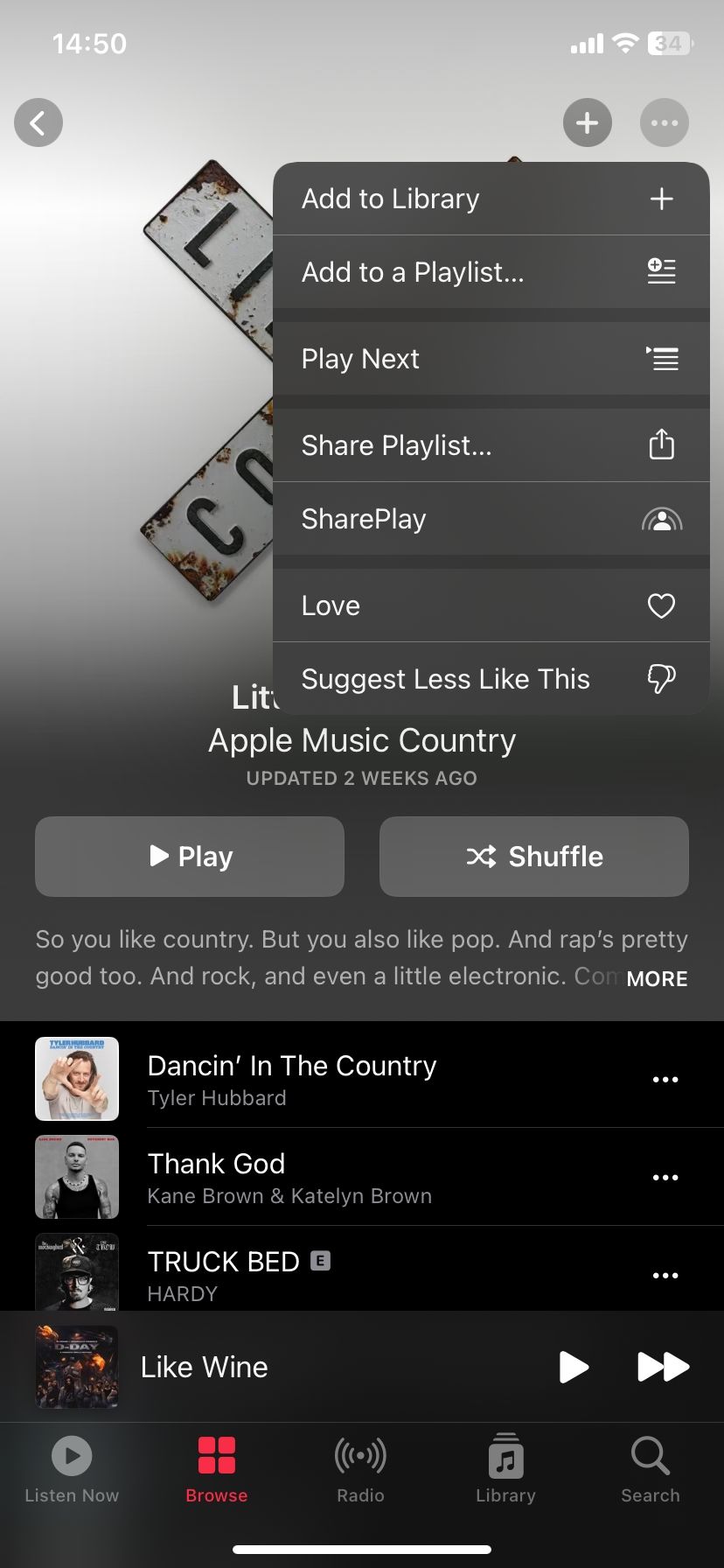 Apple Music playlist menu options
