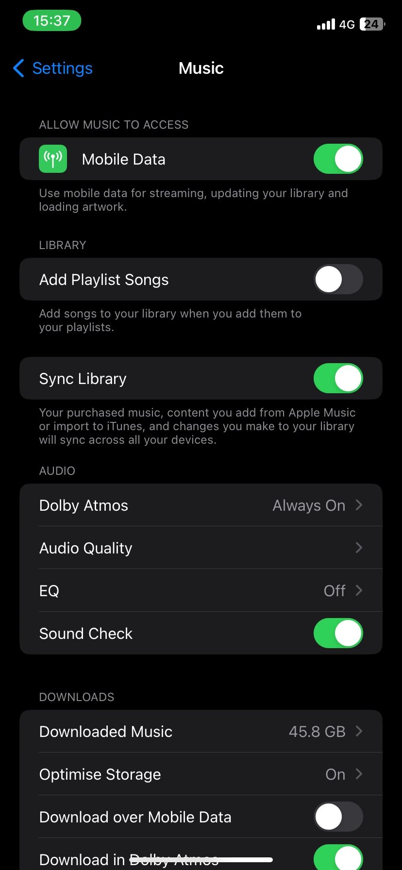 Cellular data streaming enabled on Apple Music