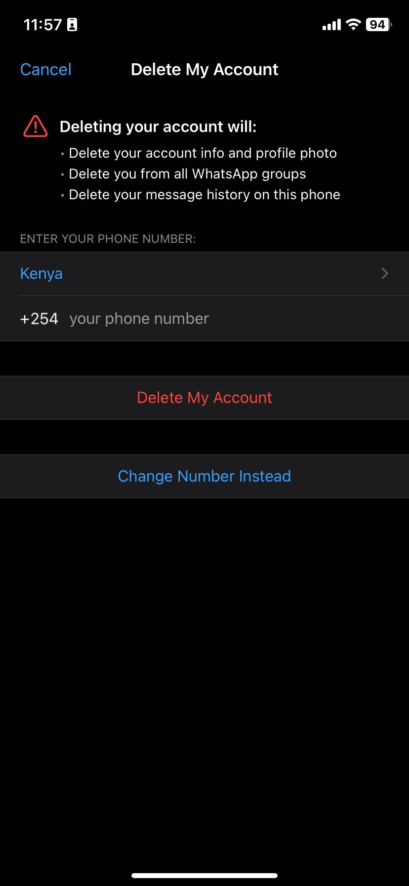 Entering a WhatsApp number for account deletion