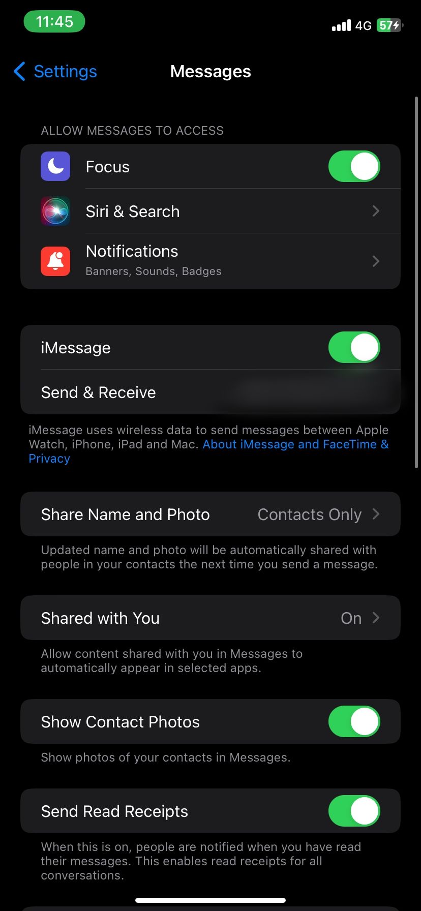 iMessage toggle on iPhone