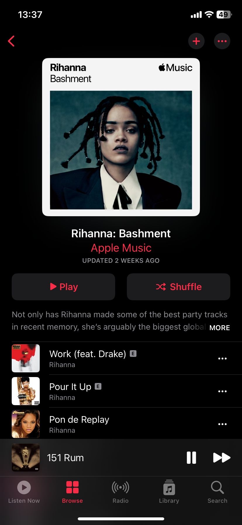 Apple Music curated playlist in view