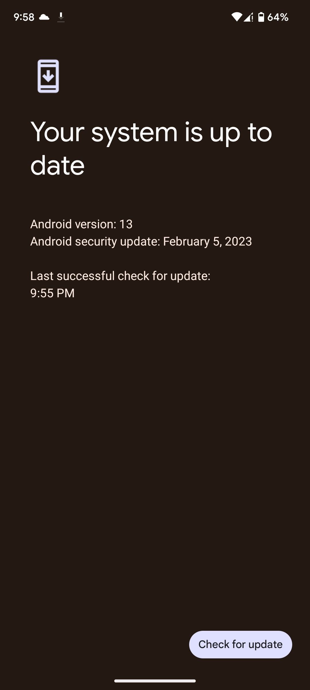 Checking for system updates in Android 13 on Google Pixel