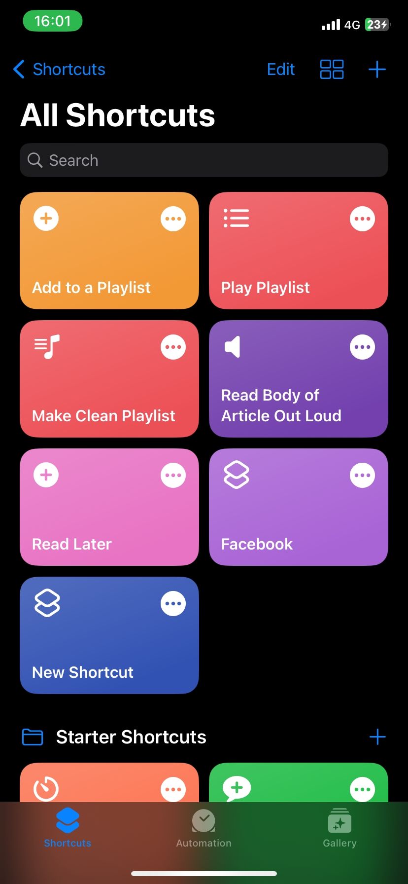 Shortcuts homepage on iPhone