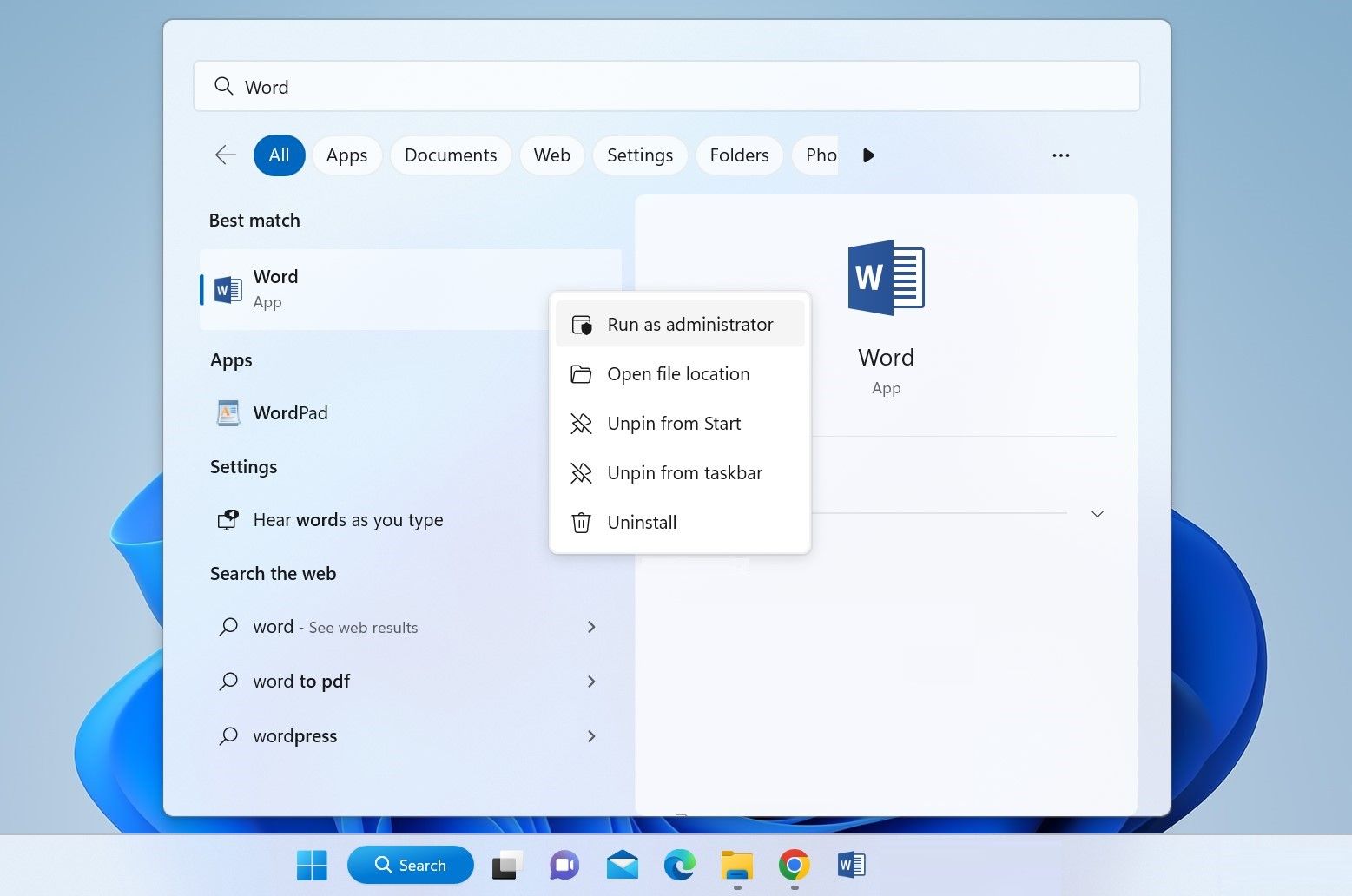 Running the Microsoft Word App As an Administrator From Windows Search