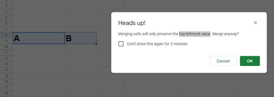Merge cell pop up in Google Sheets