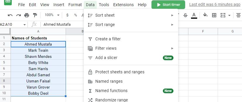 Select Data option in Google Sheets