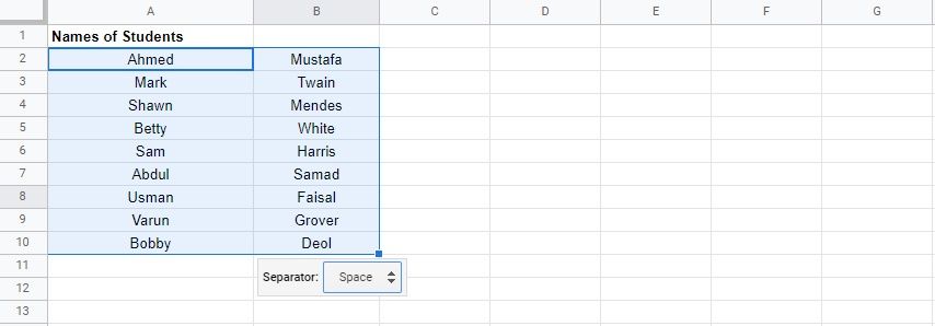 Set separator to space in Google Sheets