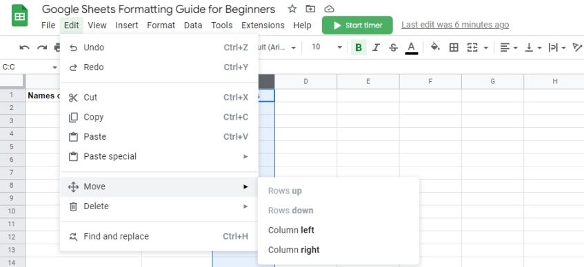 Move Columns in Google Sheets
