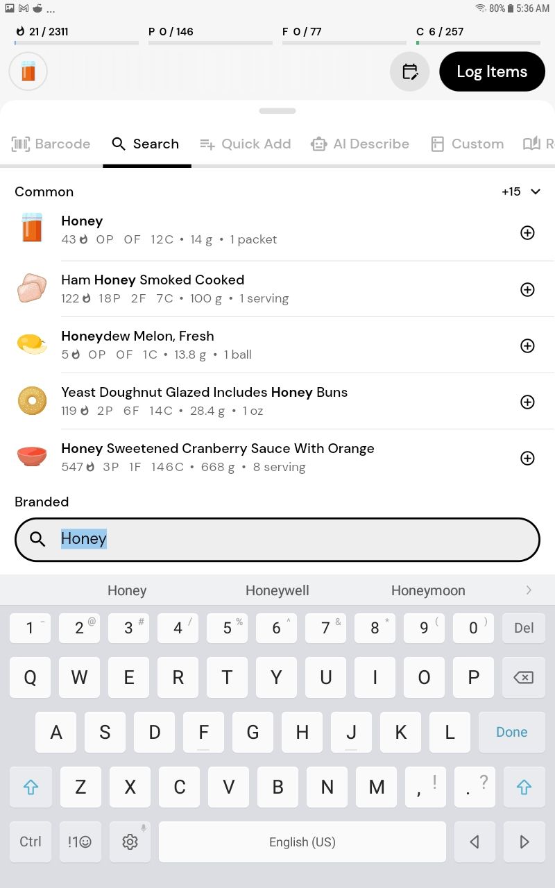 Screenshot of choosing food in app