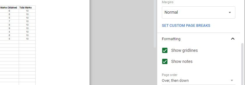 Print Settings Page in Google Sheets
