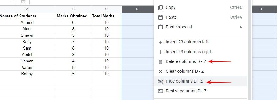 Hide and delete selected columns in Google Sheets