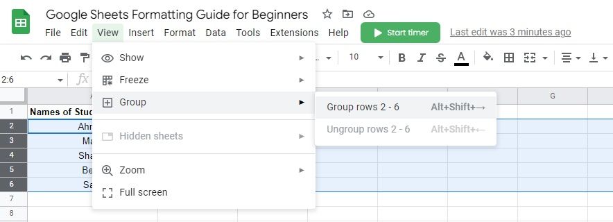 Group Rows in View Section in Google Sheets