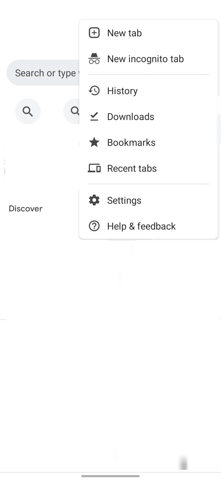 Open Chrome Settings by Tapping on Three Vertical Dots in the Top-right Corner of the Chrome App on Android