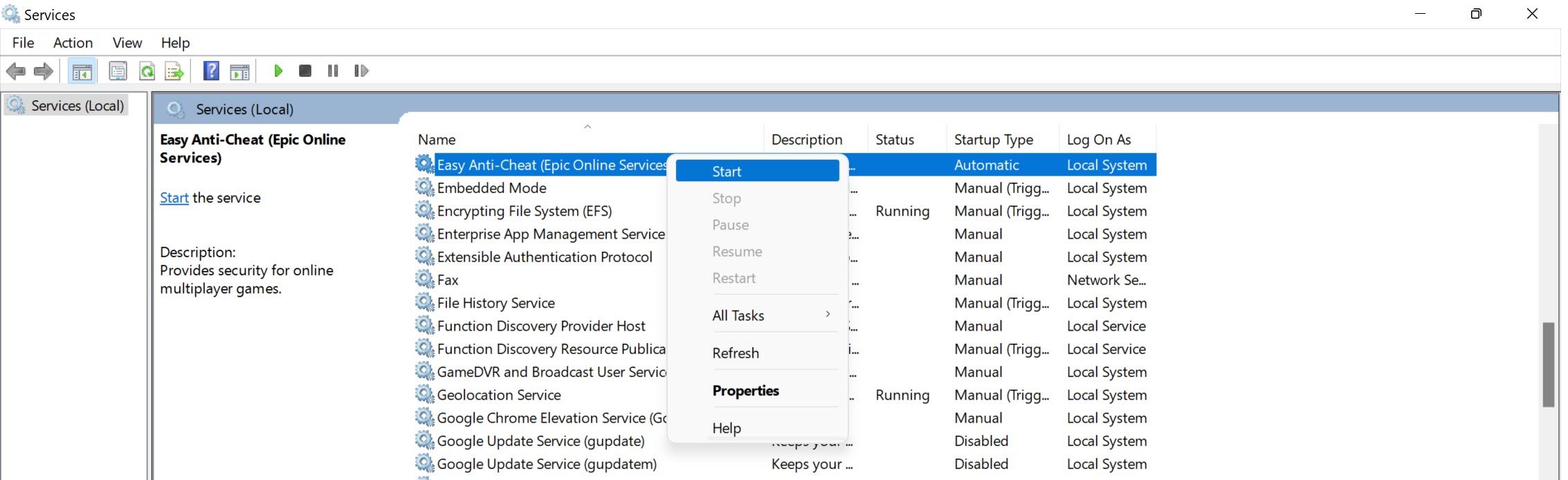 Running the Easy Anti-Cheat Service in Windows Services App