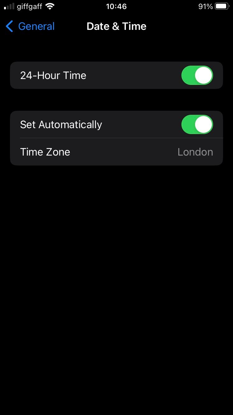 Date & Time page showing Set Automatically option on the iPhone