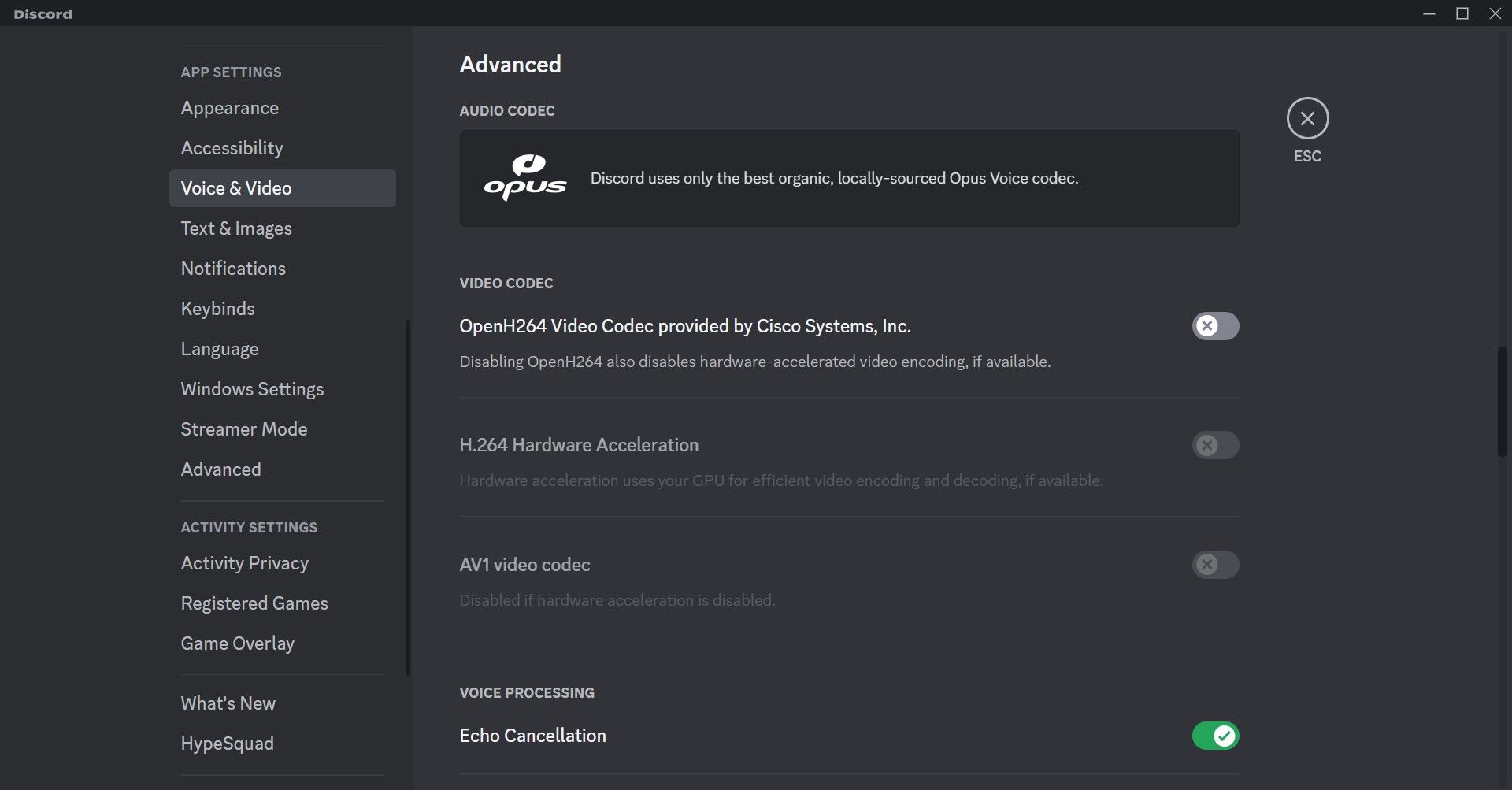 Disable Certain Options in Voice and Video Settings in Discord