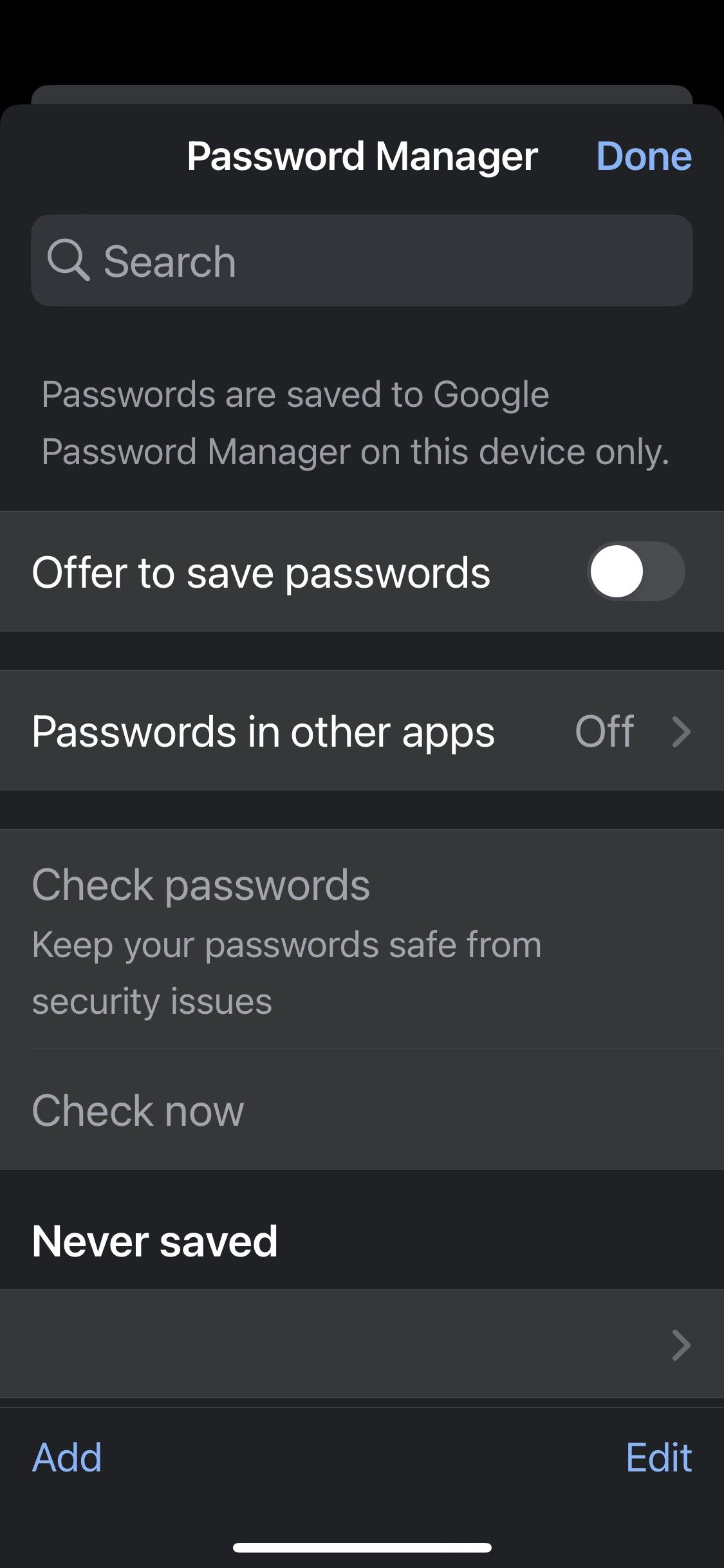 Turn Off the Toggle Next to the Offer to Save Passwords Option in Chrome App Settings on iOS