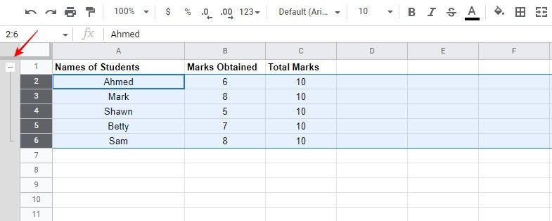 Minus Sign next to grouped rows in Google Sheets