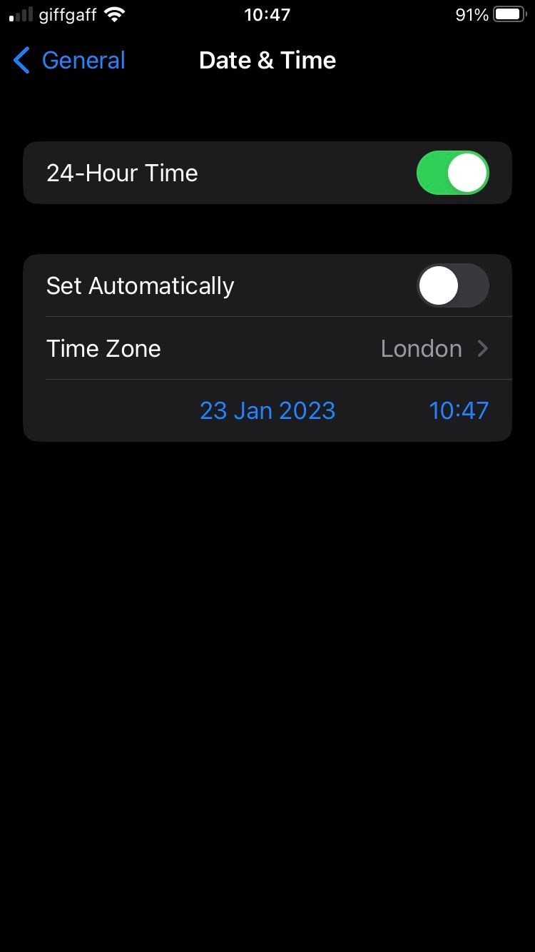 Date & Time page on an iPhone with Set Automatically disabled