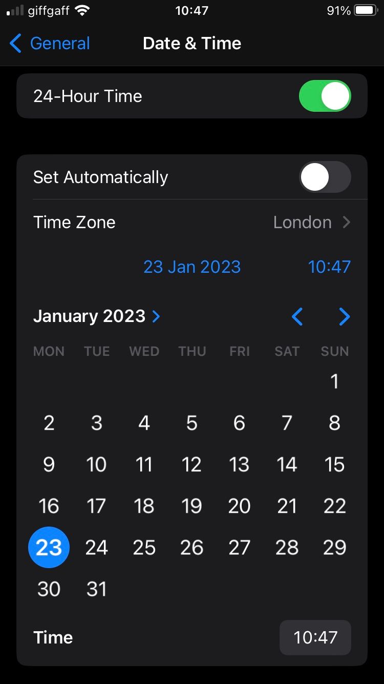 Date & Time screen on an iPhone showing a calendar