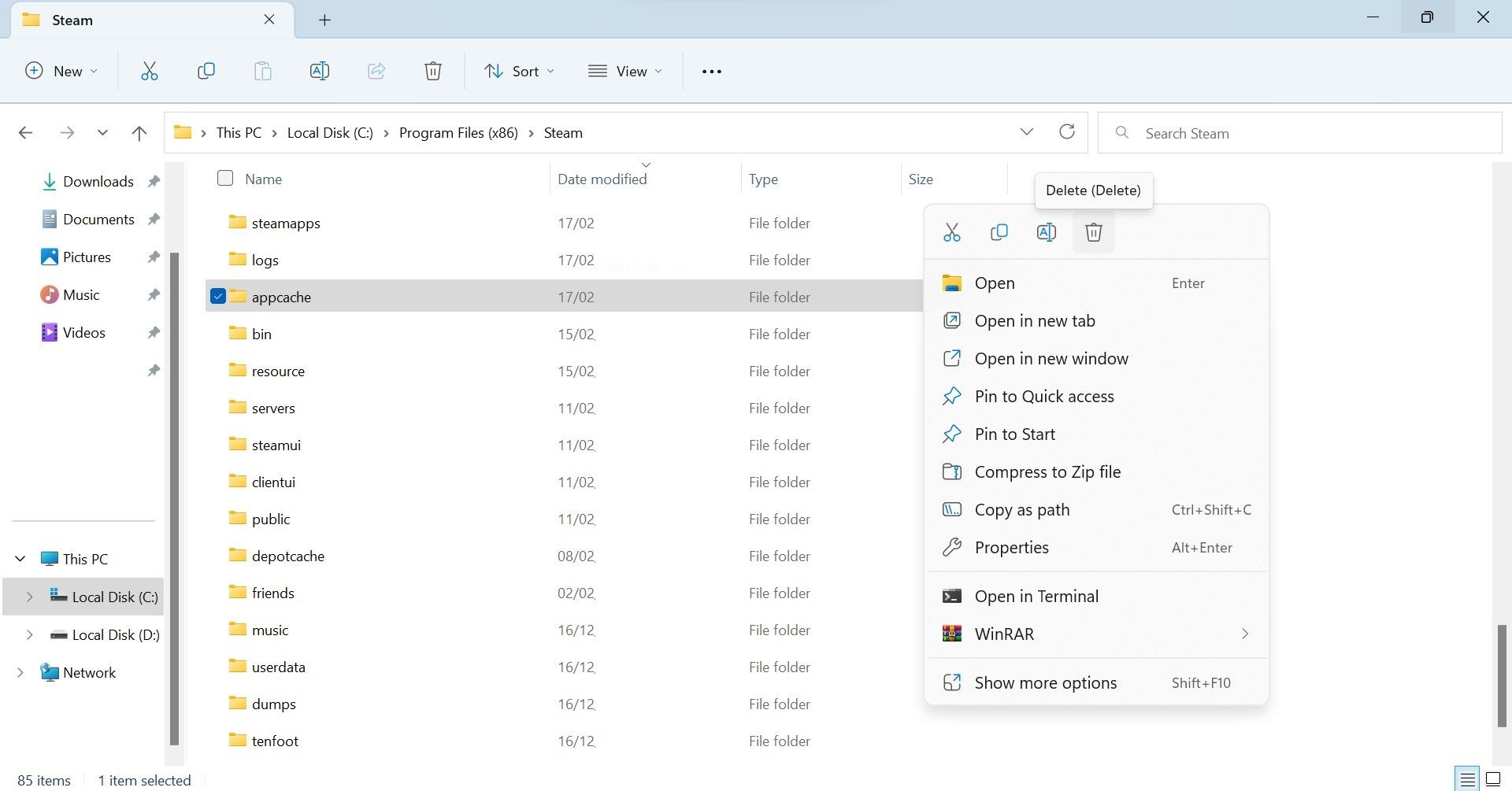 Delete the Appcache Folder of Steam in Windows File Explorer