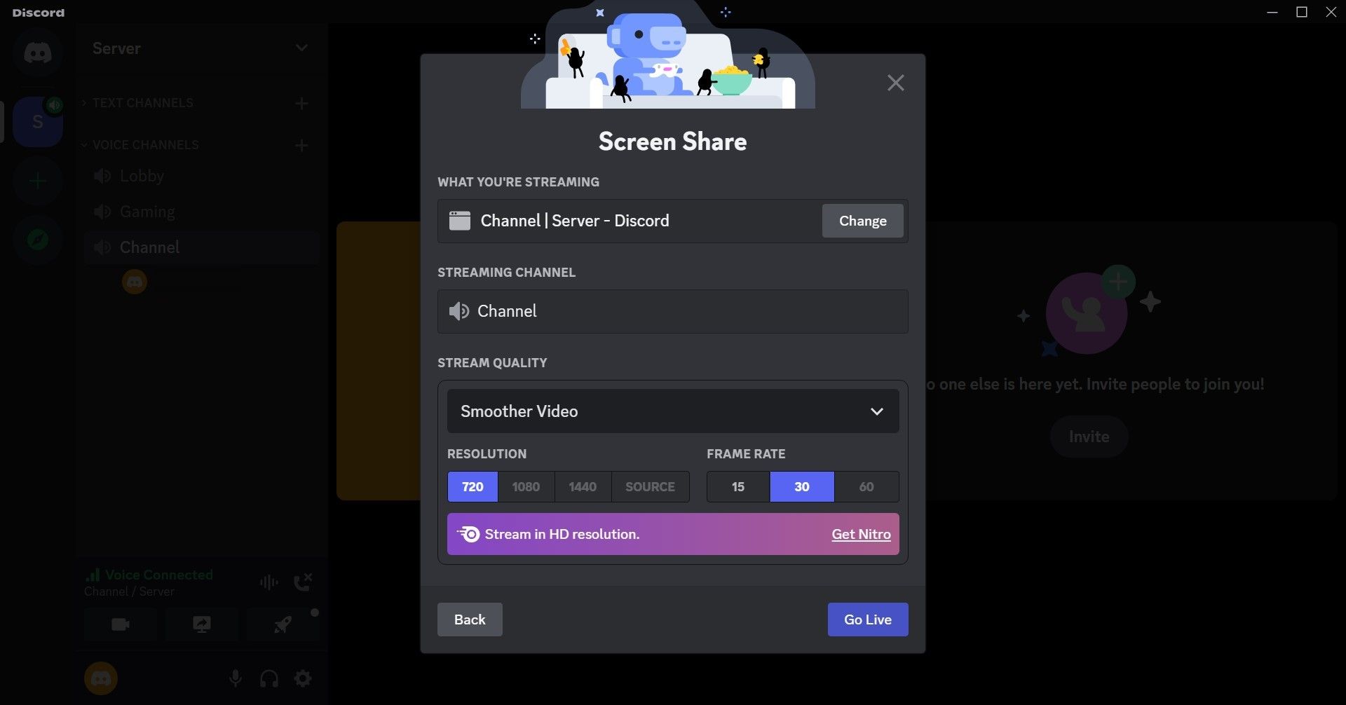 Seleccione un video más suave en la configuración de uso compartido de pantalla en Discord