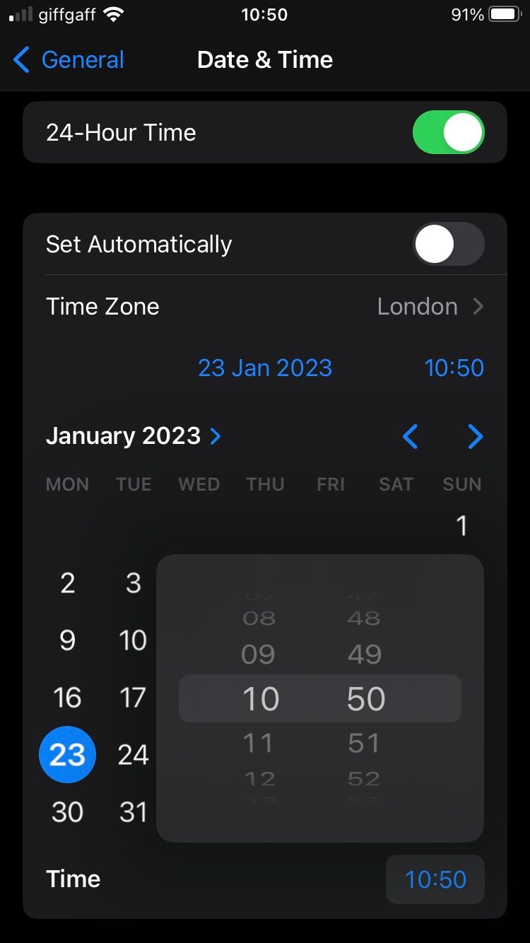 Setting the date and time on an iPhone