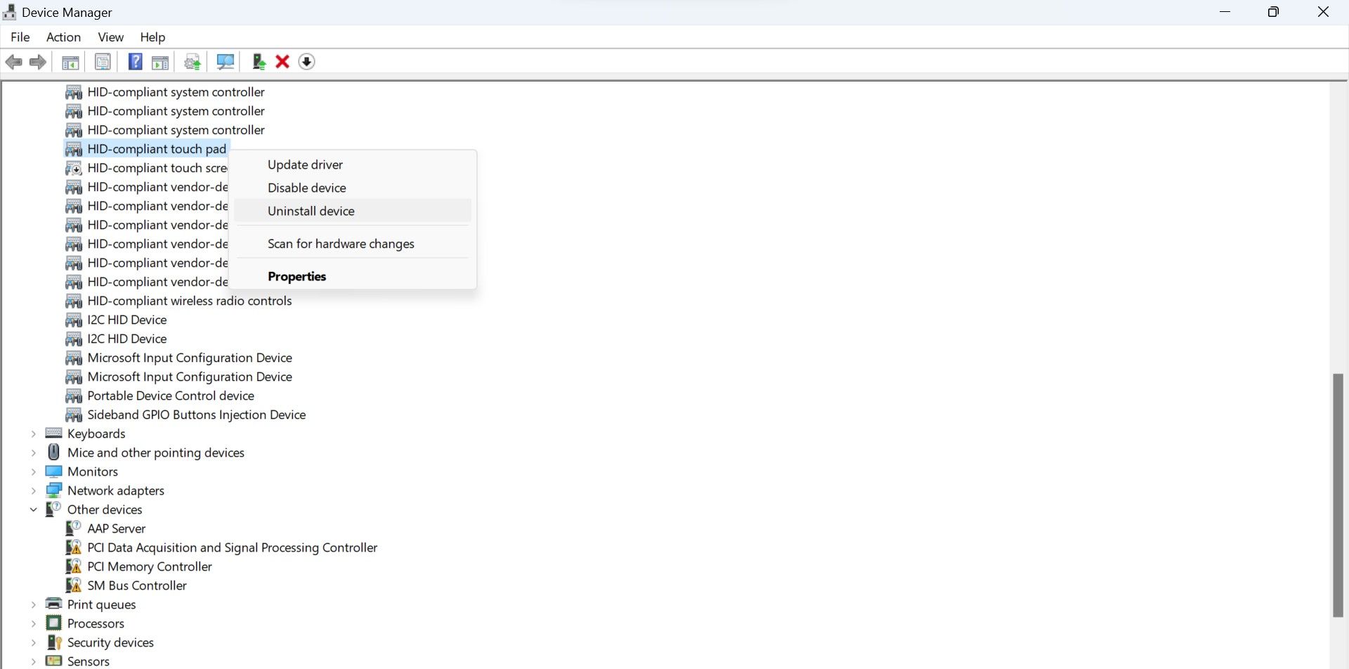حذف درایور صفحه لمسی سازگار با HID در مدیریت دستگاه ویندوز