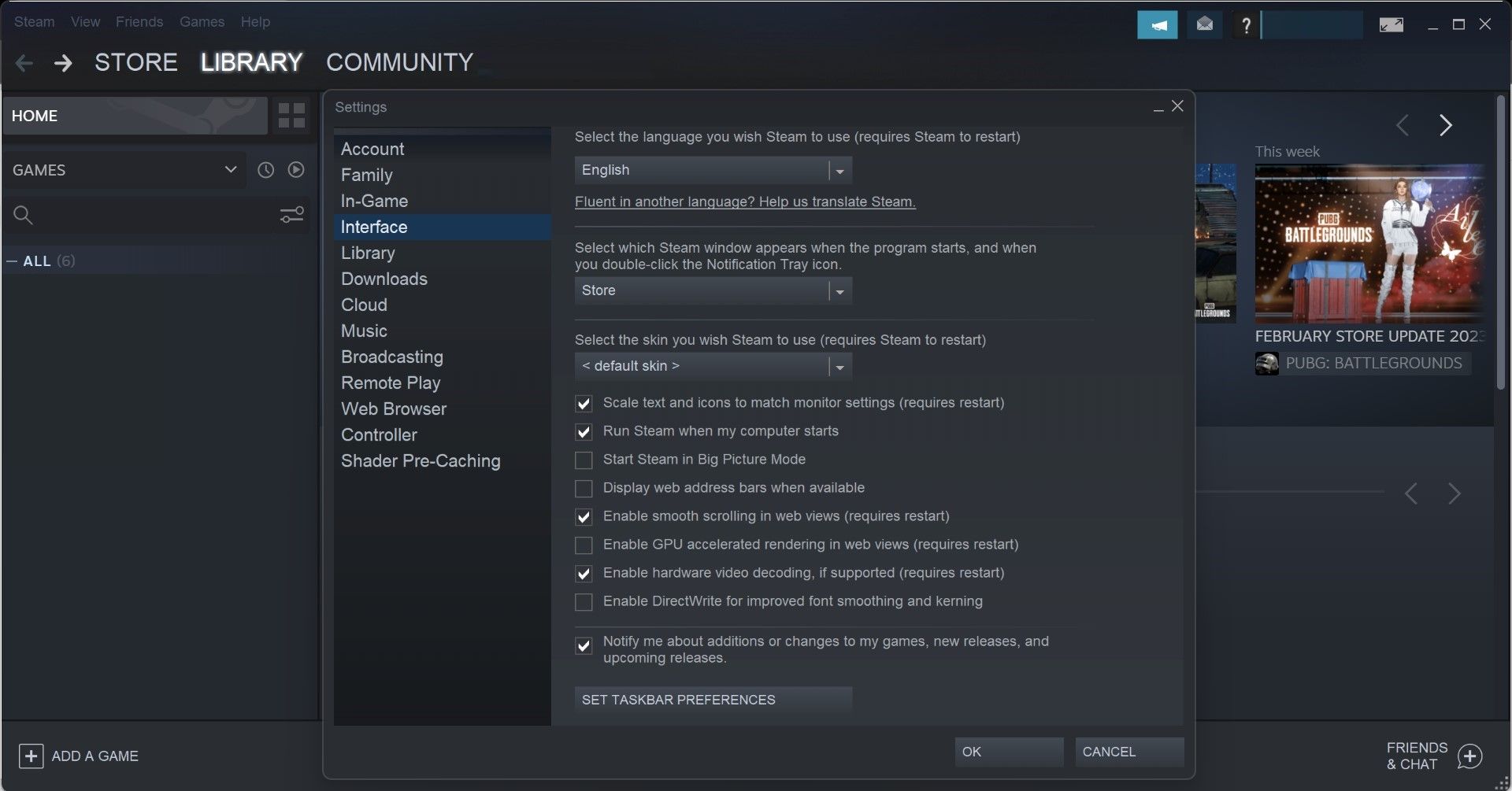 Disable Certain Settings in the Interface Tab of Steam Client