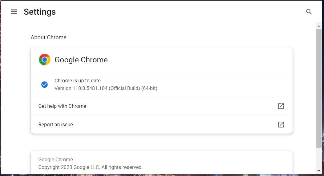 بخش درباره Chrome در تنظیمات
