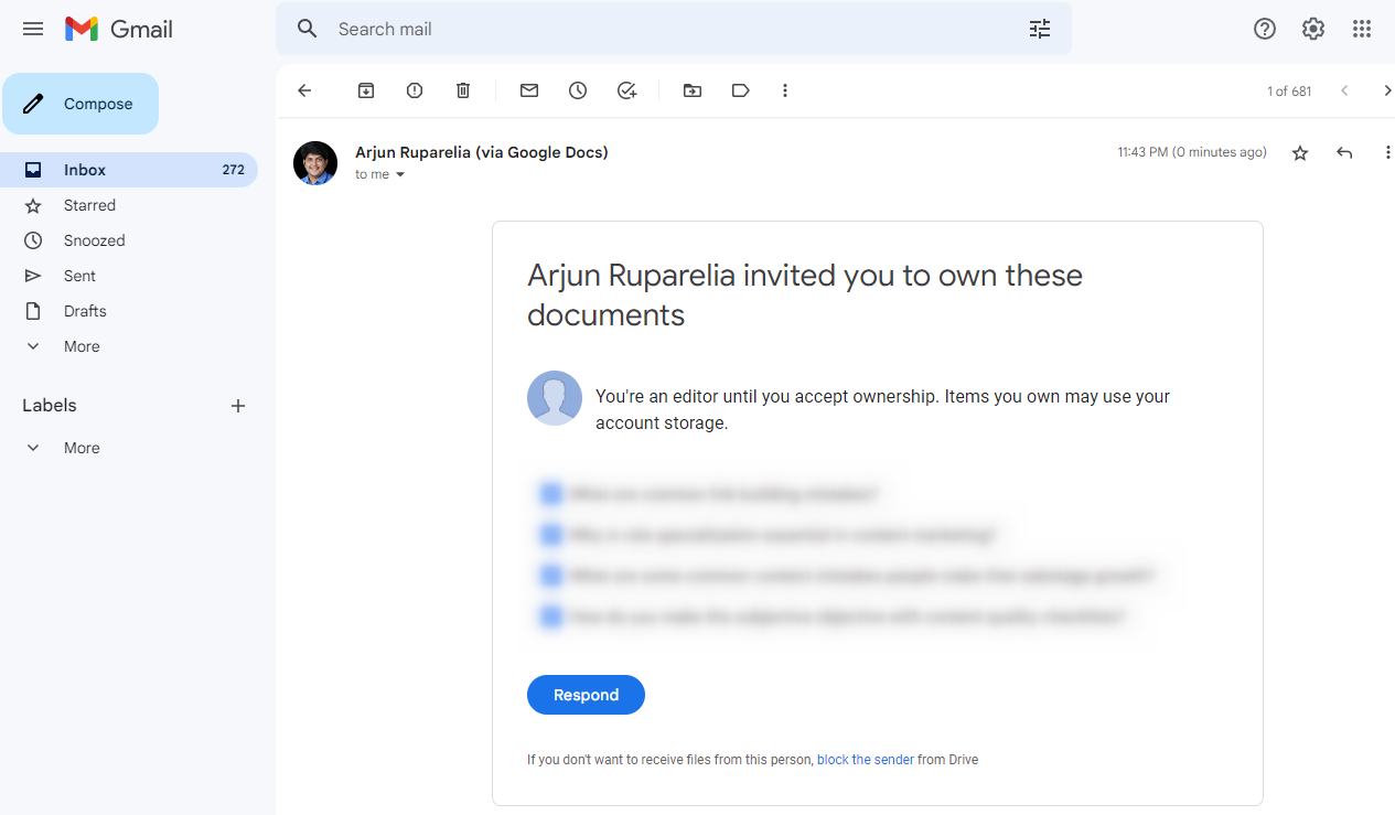accept ownership of google docs in email